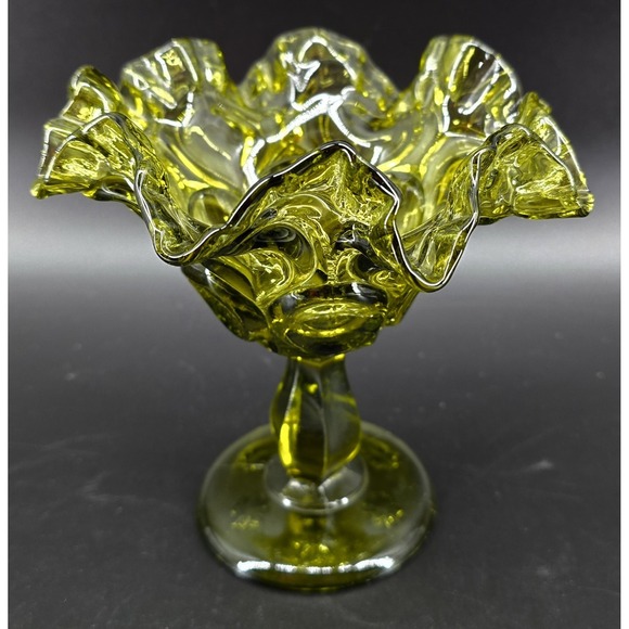Vtg Fenton Green Glass Thumbprint Compote Ruffled Edge on Pedestal 6x5.5" Colony - Picture 3 of 8